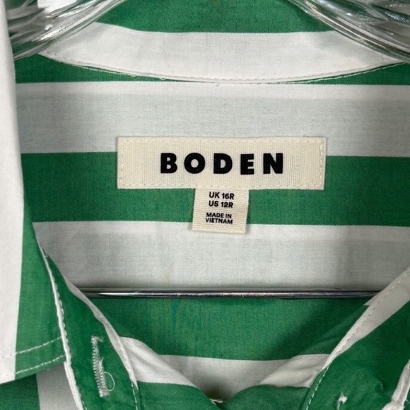 BODEN Relaxed Long Sleeve Cotton Midi Shirt Dress, Green and White Striped, 12R - Picture 9 of 11